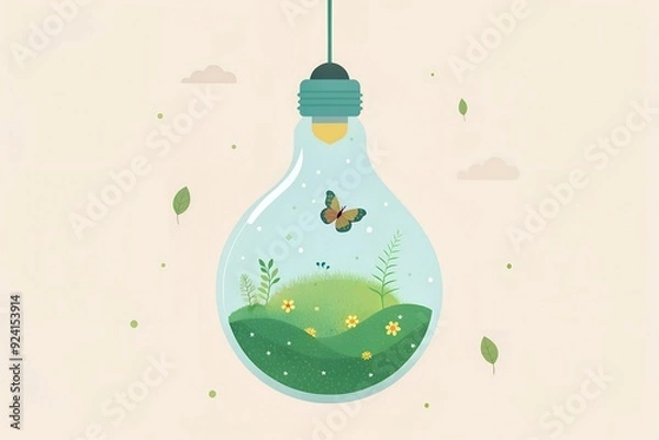 Fototapeta A light bulb repurposed as a terrarium, filled with delicate moss, small flowers, and tiny butterflies