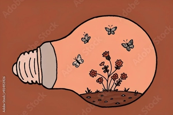 Fototapeta A light bulb repurposed as a terrarium, filled with delicate moss, small flowers, and tiny butterflies