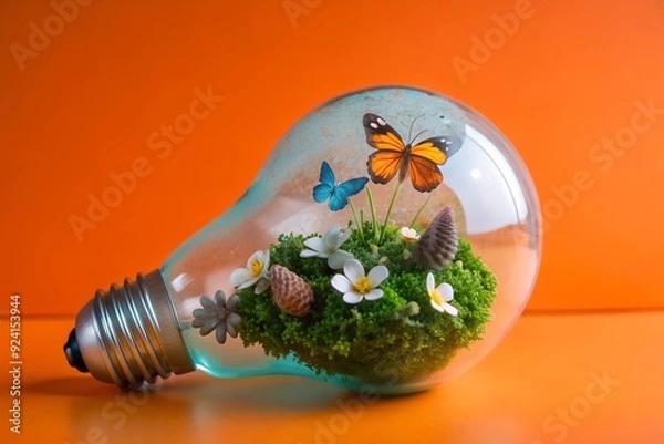 Fototapeta A light bulb repurposed as a terrarium, filled with delicate moss, small flowers, and tiny butterflies