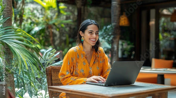 Fototapeta Working Remotely Employee Virtual Online Digital Nomad Woman Successful Entrepreneur