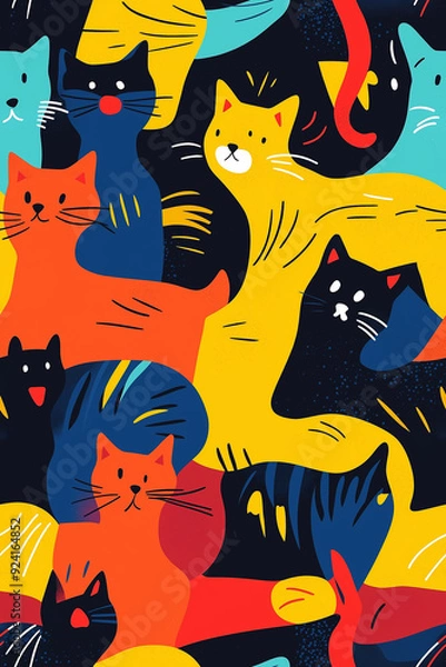 Fototapeta A playful seamless pattern of colorful cats with vibrant hues of orange, yellow, and blue against a dark background. The design is whimsical and cheerful, with various cat expressions and poses.