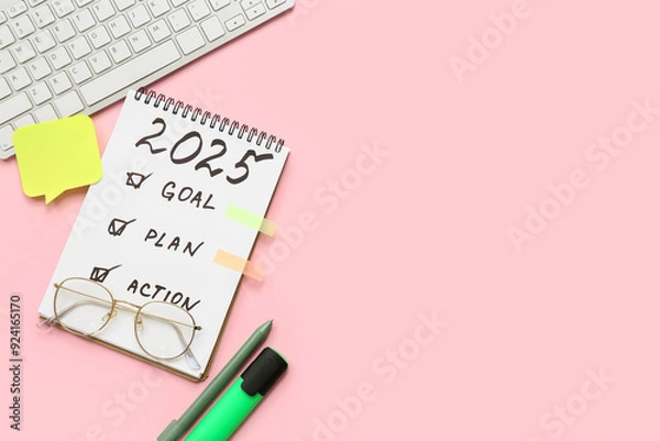 Obraz Notebook with to do list, sticky notes and computer keyboard on pink background. New year goals concept