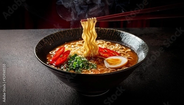 Fototapeta A dramatic shot of a bowl of spicy ramen with red chili oil
