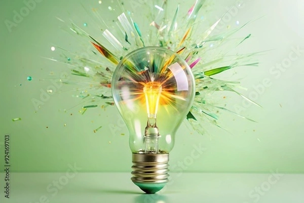 Fototapeta A light bulb with its filament sparking an explosion of vibrant colors and abstract shapes, like a burst of creative energy. 