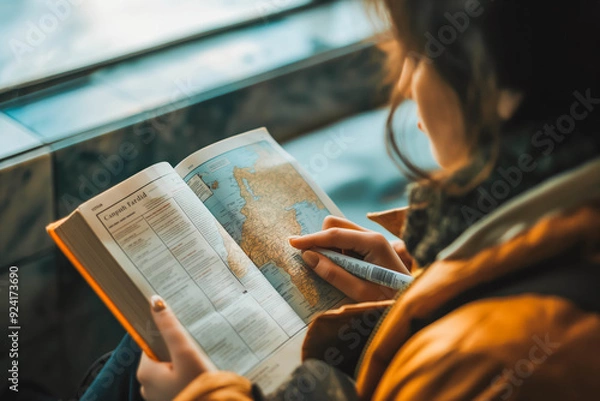 Fototapeta A student with a plane ticket clutched in their hand flips through a book, their eyes filled with excitement as they plan their upcoming adventure to a new country.