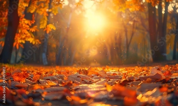 Fototapeta Colorful forest landscape in autumn. Sunlight shining onto brown, orange and yellow leaves in fall. Seasonal concept of a sunny day in october or november. 