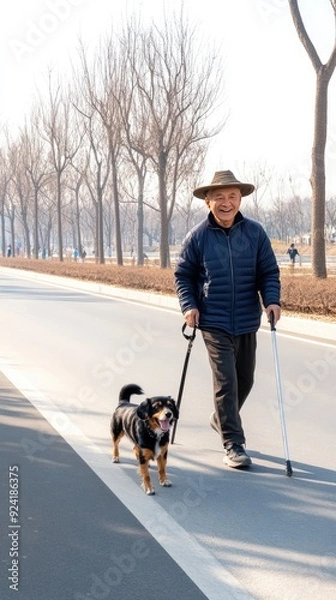Fototapeta An old man strolls along a rural road with his small dog, showcasing the tranquility of the landscape and the companionship in nature