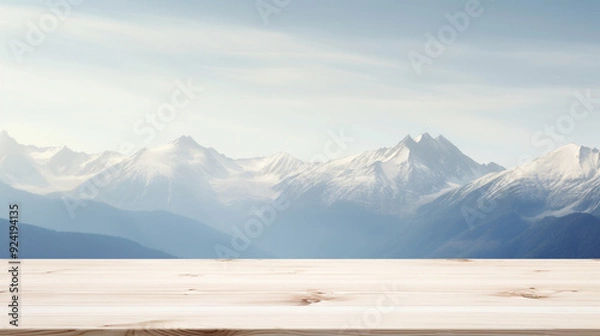 Obraz empty wooden table overlooking a scenic view of mountains 
