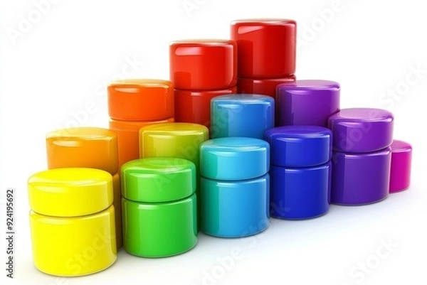 Obraz Colorful cylindrical jars arranged in ascending order symbolizing growth organization and progress suitable for themes related to business analytics data storage and financial success