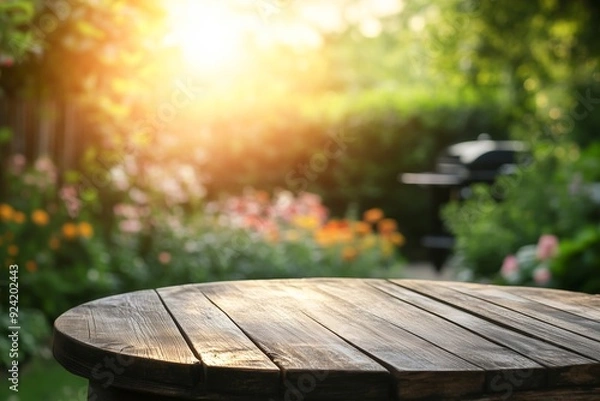 Obraz Summer time backyard garden with grill BBQ, empty round wooden table, blurred background