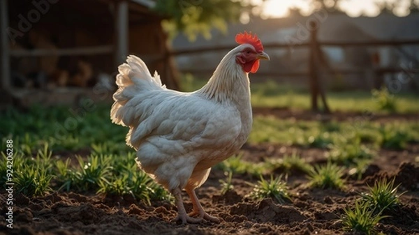 Fototapeta Stunning chicken posing in a rustic farmyard setting