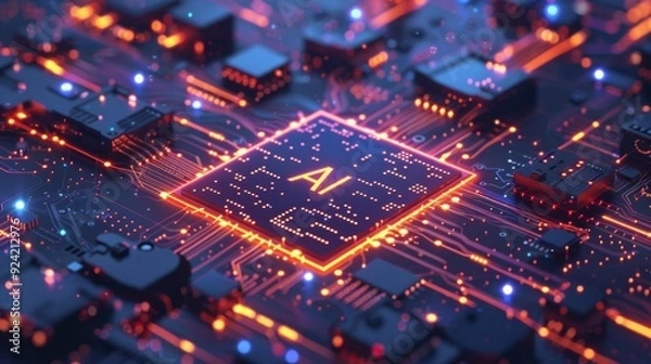 Fototapeta Abstract close-up of advanced microchip with glowing AI symbol, intricate circuitry illuminated with vibrant colors, representing technology and innovation in artificial intelligence. Copy space.