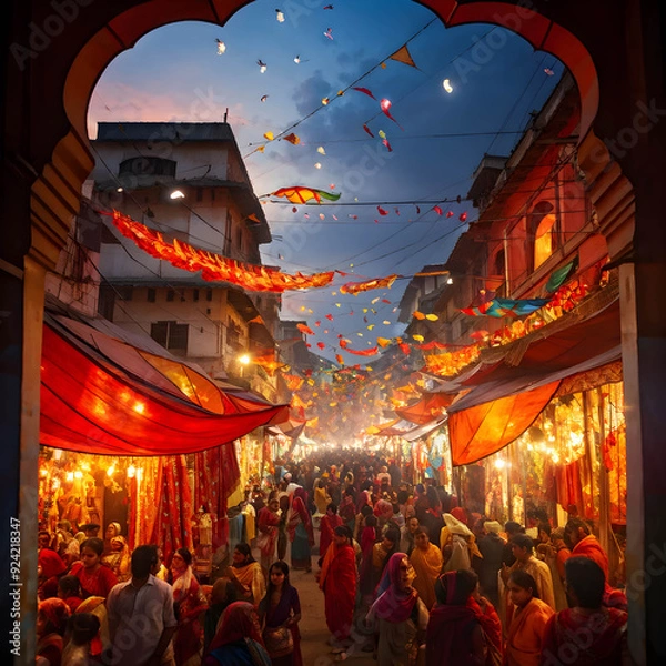 Fototapeta dussehra-festival-atmosphere-encapsulated-in-a-fantasy-landscape-neon-ray-composite-creature.