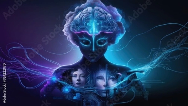 Fototapeta Futuristic female figure with a glowing brain and circuitry, exploring the connection between artificial intelligence and the human mind.