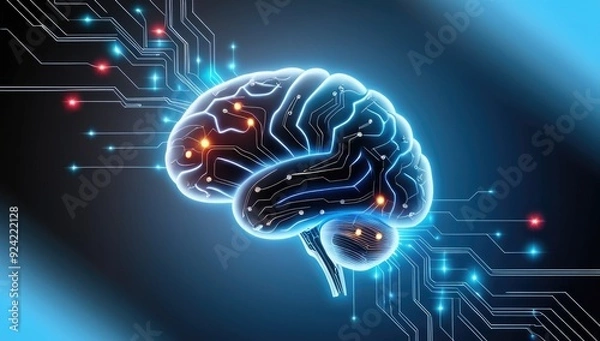 Obraz Futuristic human brain depicted as an electronic circuit with blue and red lights, representing AI and neural networks.