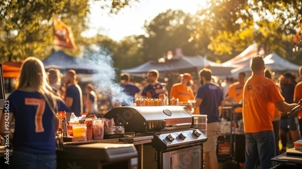 Obraz The tailgate rocks with grills, coolers, and fans in team colors, buzzing with pre-game energy.