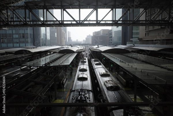 Fototapeta 近代的な駅の構内に電車が止まる、大阪駅