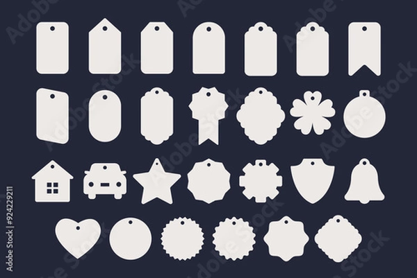 Fototapeta Set of gift or price tags, name card, discount label, food badge shapes. Vector templates for cutting. Craft paper or cardboard labels cut files