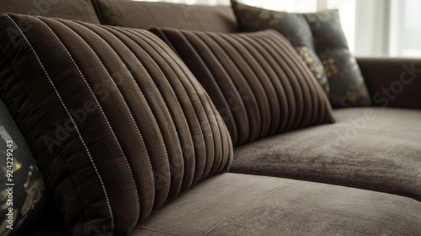 Fototapeta This sleek modern sofa features a soft suedelike material in a deep chocolate brown adding a touch of warmth to a contemporary space.