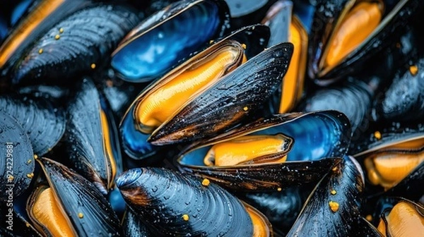 Fototapeta   Blue and yellow mussels in close-up with water droplets