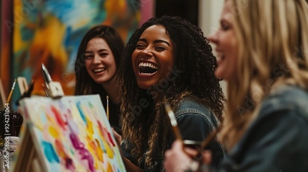 Obraz Friends enjoy a fun wine and paint night, laughing and creating vibrant masterpieces together!