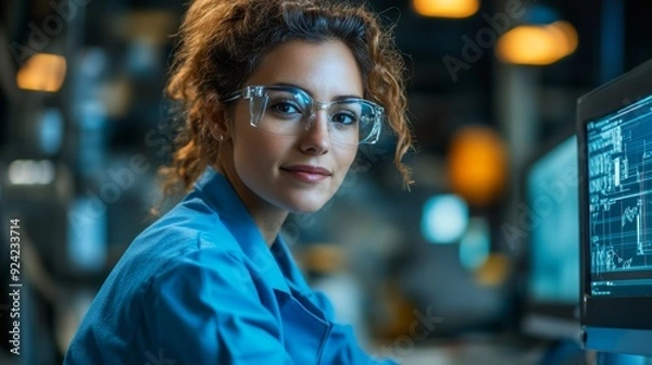 Fototapeta Female Engineer Working on Computer in Factory.