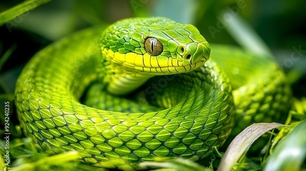 Fototapeta A close-up image of a vibrant green snake coiled in the grass, reptile, slithering, scales, wildlife, nature