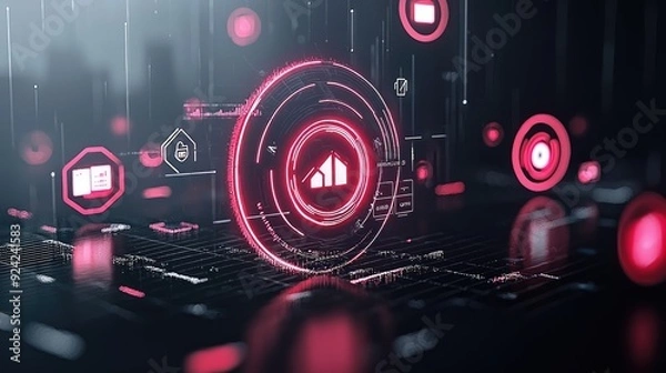 Fototapeta Futuristic Neon Savings Dashboard with Floating Financial Goal Icons, Generative Ai