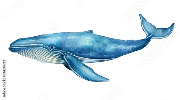 Fototapeta Watercolor painting of a blue whale, with a single eye visible.