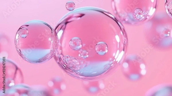 Fototapeta Delicate pink bubbles rise and shimmer in a clear liquid, creating an enchanting visual effect