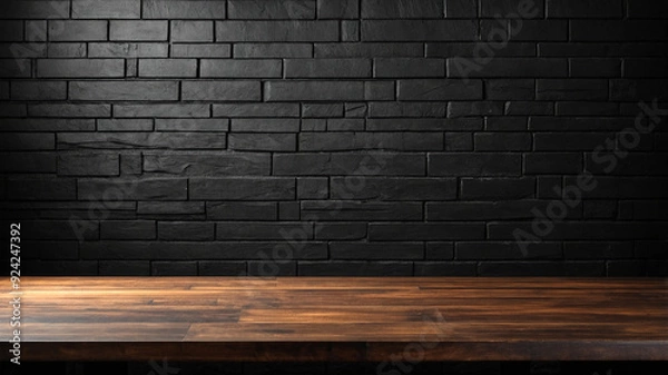 Fototapeta Abstract black empty table mockup with black brick wall background. suitable for product presentations