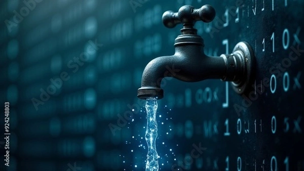 Fototapeta Data Leak Concept with Water Faucet and Binary Code