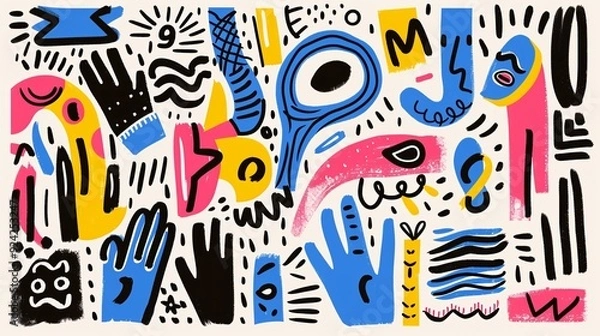 Fototapeta A vibrant abstract composition featuring playful shapes, lines, and colors.