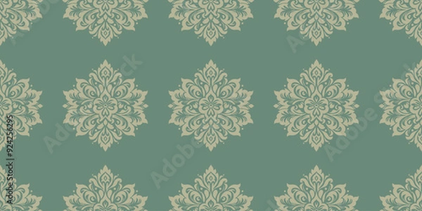 Obraz Elegant green damask pattern with intricate floral designs, perfect for vintage-inspired decor and textiles.