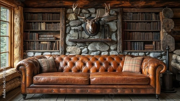 Fototapeta Cozy Log Cabin Reading Nook with Leather Sofa