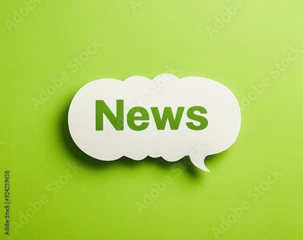 Fototapeta A white speech bubble floating containing the word News in it, on a green minimalistic background, notification status, professional render