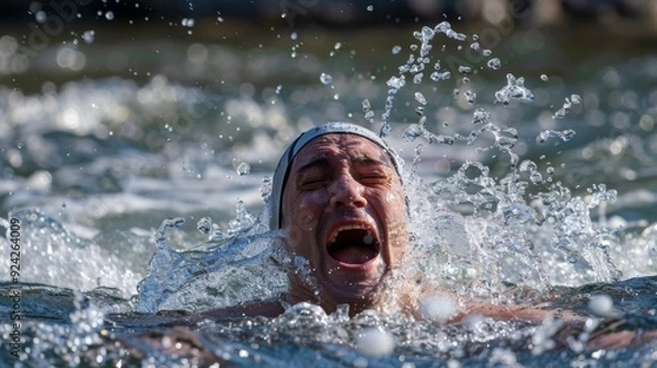Obraz A swimmer emerges from the water gasping for breath and laughing with pure joy at the experience.