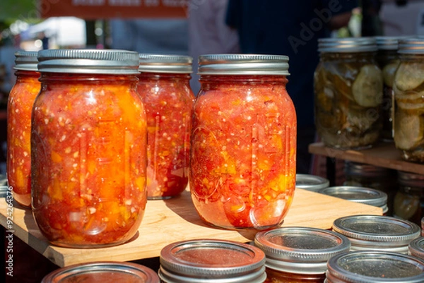Fototapeta Multiple glass jars filled with fresh ingredients for homemade salsa. The containers have peppers, cilantro, peppers, spices, onions and jalapenos blended and pureed. The food is for sale at a market.