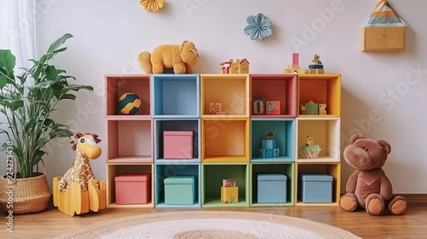Fototapeta Vibrant Organization. Colorful and fun storage solution for a nursery room