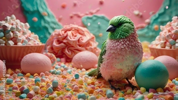 Fototapeta In a whimsical and vibrant illustration, a candy-inspired landscape unfolds before your eyes. The sky is painted in shades of pink, casting a sweet hue over the scene. Among a sea of green, orange, 