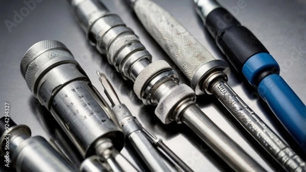 Fototapeta Surgical Instruments: A close-up view of a variety of surgical instruments, gleaming with a cold, sterile sheen, ready for precision and meticulous work. This image is perfect for medical publications