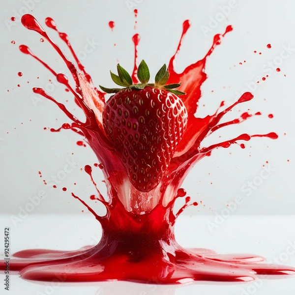 Fototapeta A luscious red strawberry exploding with bright red watery splashes