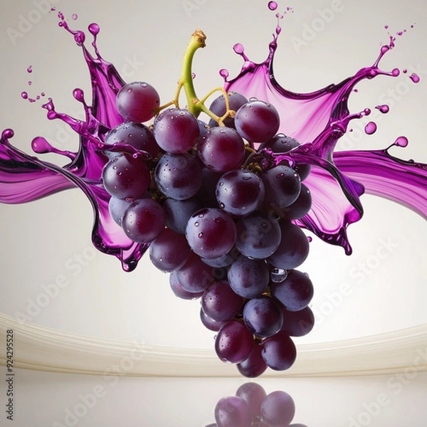 Fototapeta A juicy purple grape cluster with transparent purple splashes flowing outward