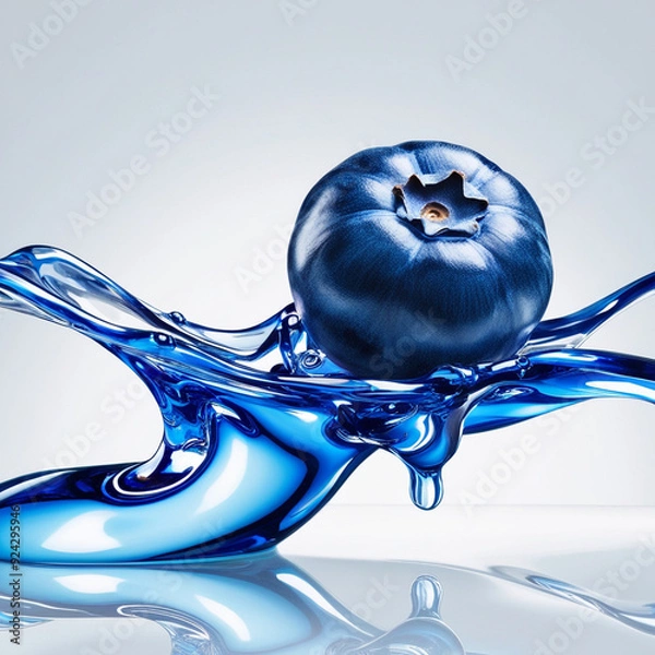 Fototapeta A rich blue blueberry releasing glossy, blue fluid in swirling patterns around
