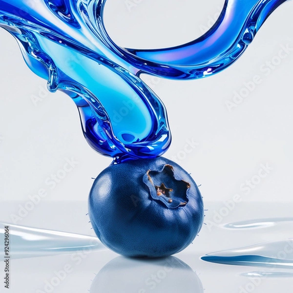 Fototapeta A rich blue blueberry releasing glossy, blue fluid in swirling patterns around