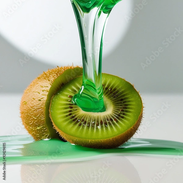 Fototapeta A ripe green kiwi with splashes of watery green fluid