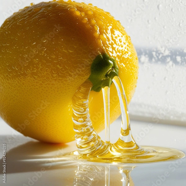 Fototapeta A bright, yellow lemon splashing with vivid yellow fluid that mimics juice droplets