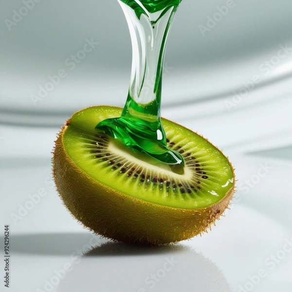 Fototapeta A ripe green kiwi with splashes of watery green fluid