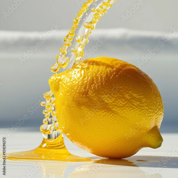 Fototapeta A bright, yellow lemon splashing with vivid yellow fluid that mimics juice droplets