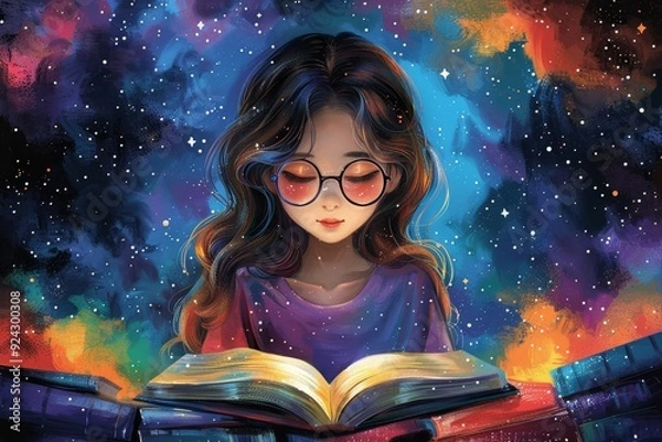 Fototapeta A delightful girl with glasses sits on books, reading under a sky of colorful stars, rendered in a playful color pencil drawing style.